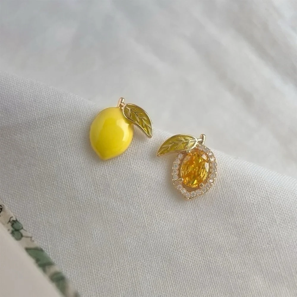 Sunlit Lemon Enamel &‎ Gold Gem Earrings 1cm Mismatched Summer Jewelry